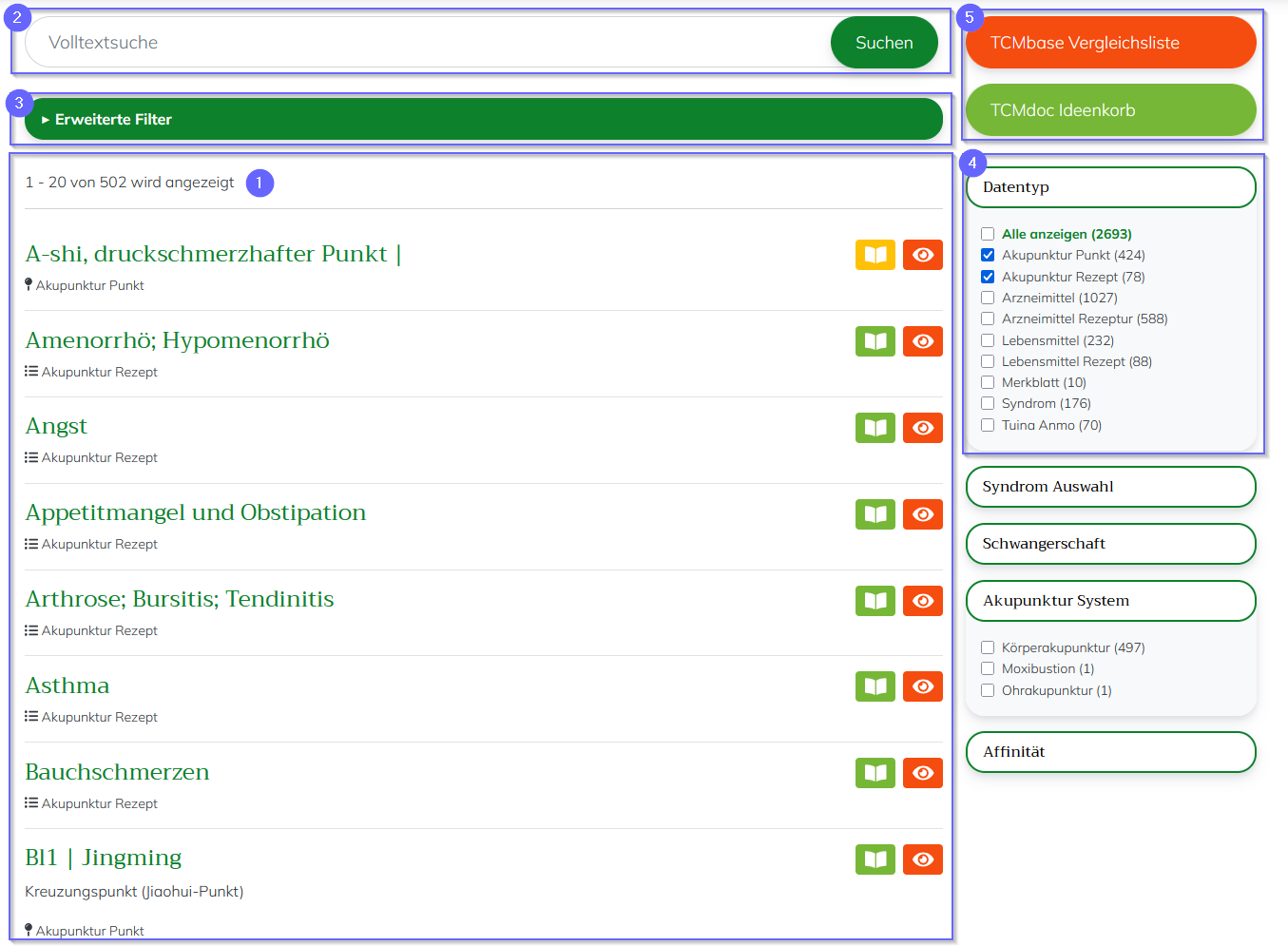 TCMbase Suchseite mit markierten Bereichen der verschiedenen Funktionen