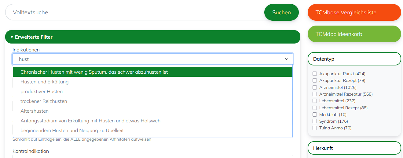 TCMbase Suche mit erweitertem Filter nach Indikation