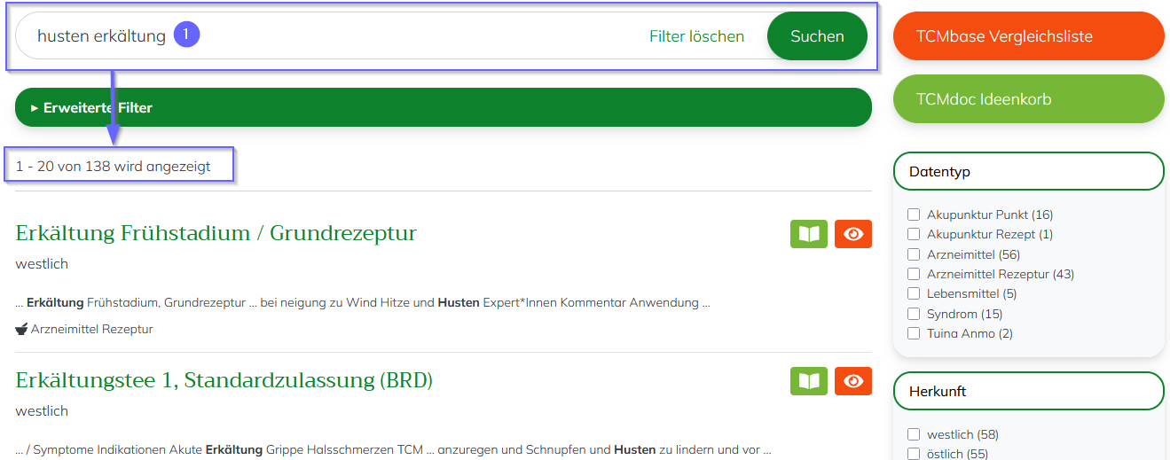 TCMbase Volltextsuche mit zwei Suchbegriffen und darauf eingeschränkten Ergebnissen