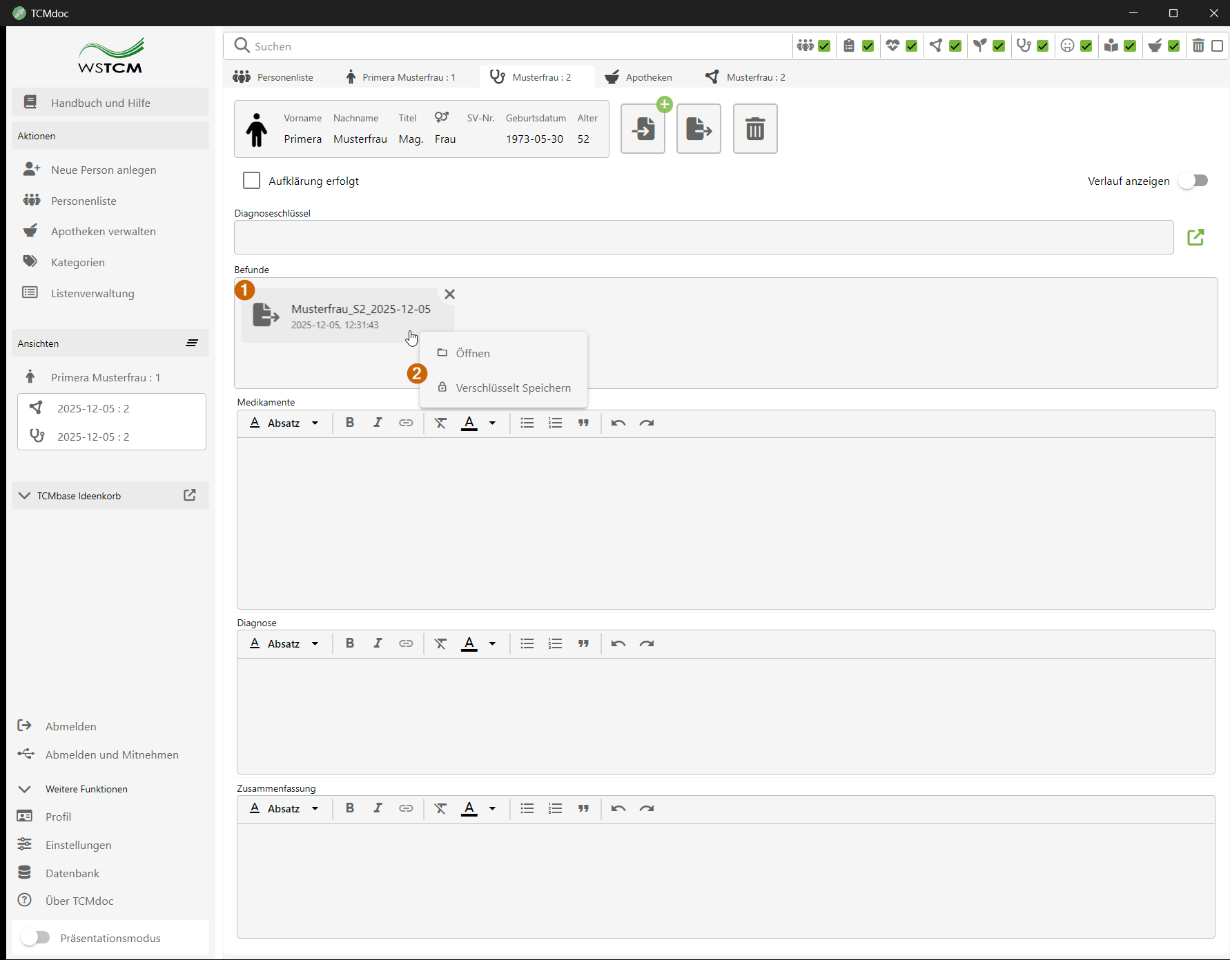 Diagnose - Öffnen/Speichern Menü