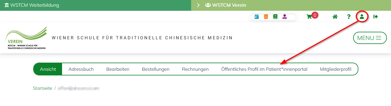 Klicken Sie das User Icon an, um in Ihr Profil zu gelangen. Dort können Sie das Profil eingeben.