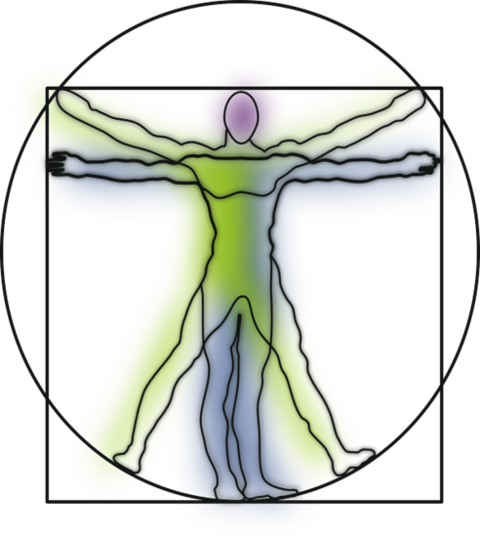 Medizinisches Symbol, Mensch dargestellt im Keis und im Quadrat stehend